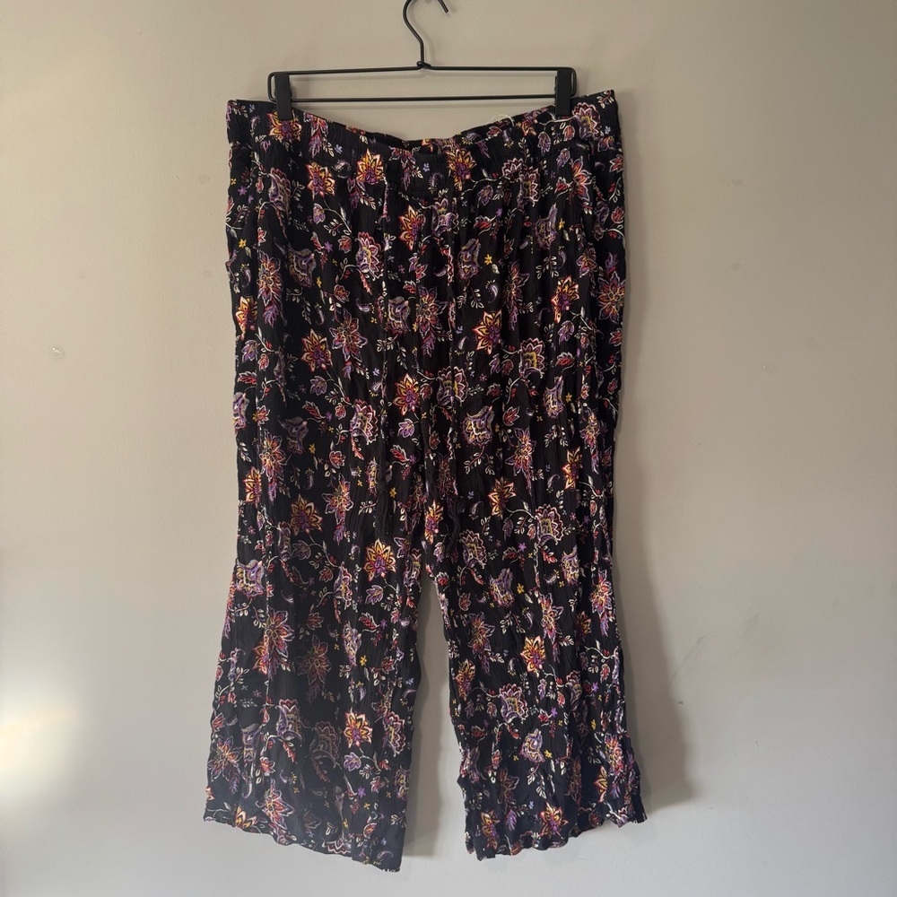 French Laundry Womens 1X Black Floral‎ Paisley Boho Wide Leg Pants Tassels